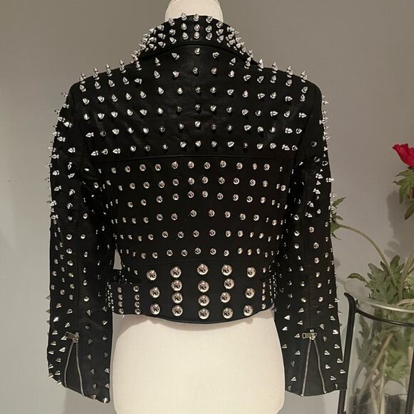 NEW CUSTOM Belted Studded Spike Rivet Moto Cropped Biker Jacket Black Un… - Picture 4 of 13